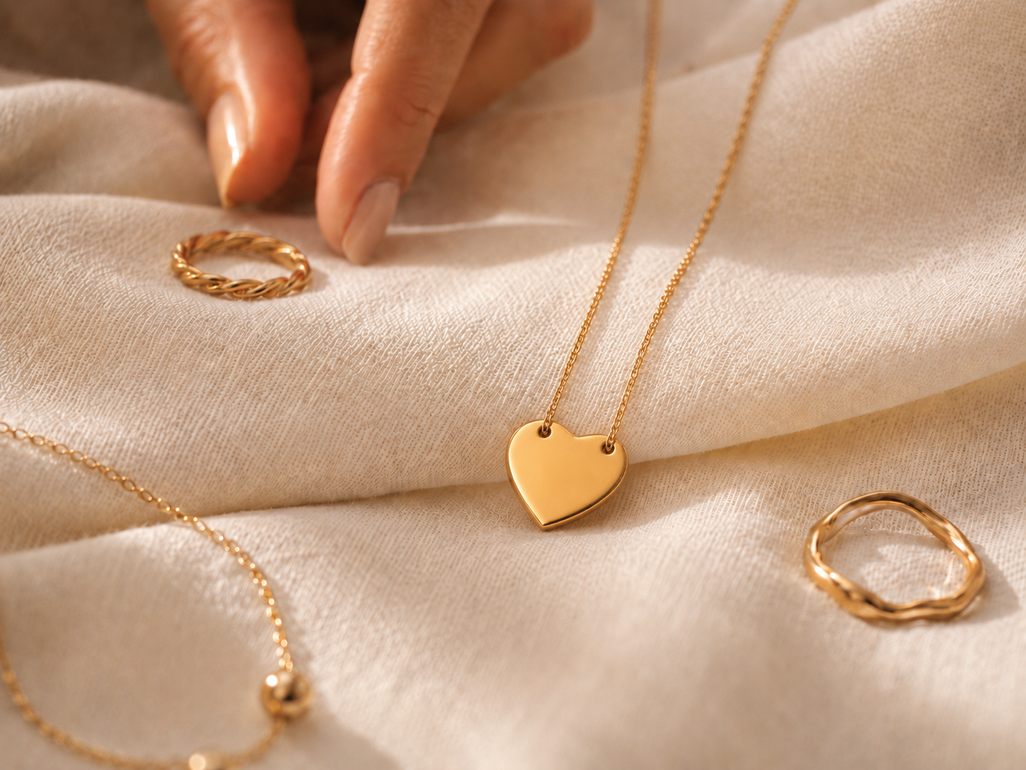Atelier — Choisir (main qui s'approche du collier cœur doré)